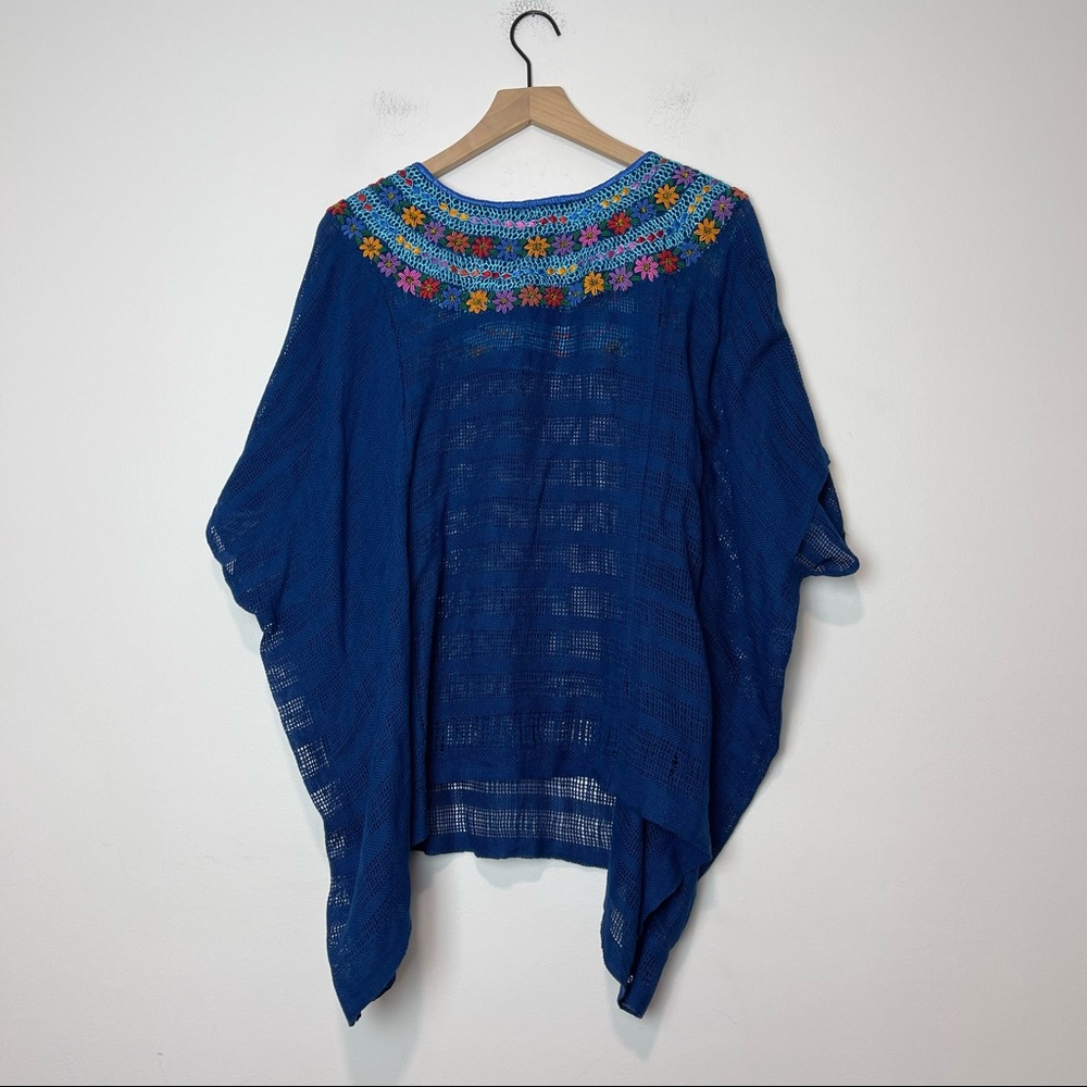 Mi Golondrina | Floral Embroidered Poncho Royal Blue Beach Coverup OS - Picture 2 of 10